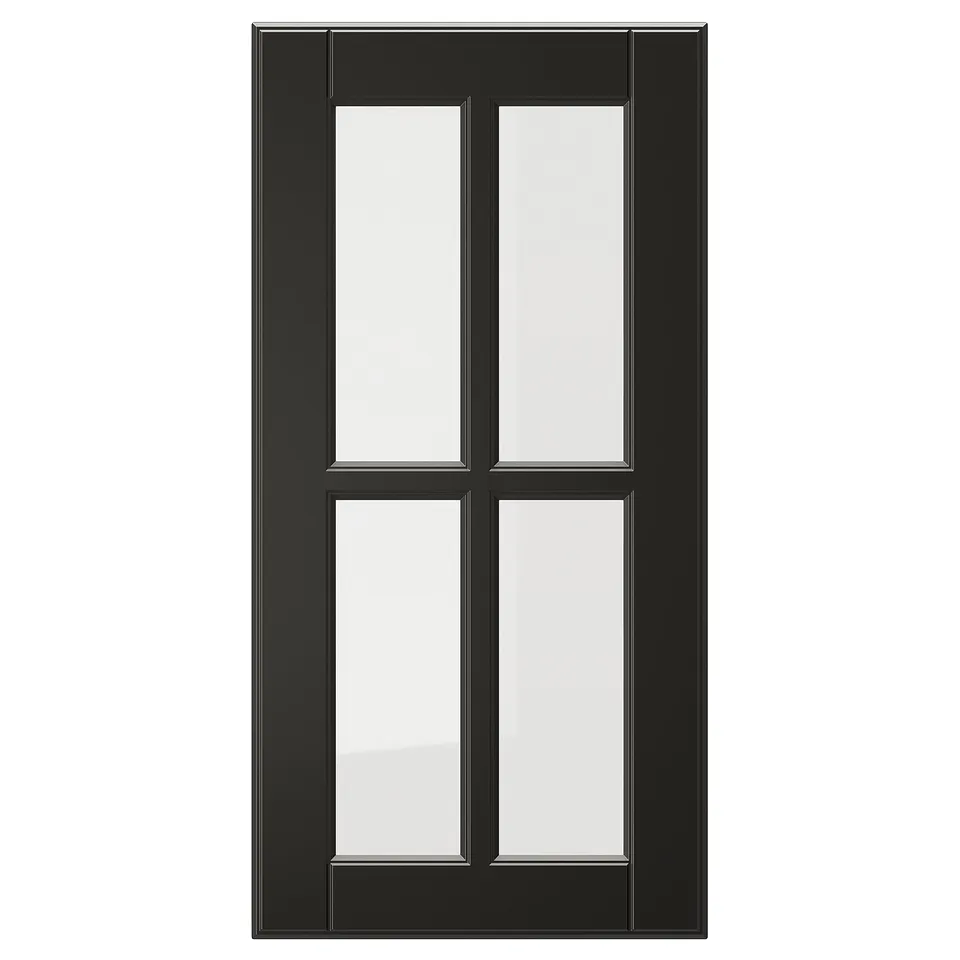 BODBYN black glass door, rectangular with bevelled frame and clear glass panels.