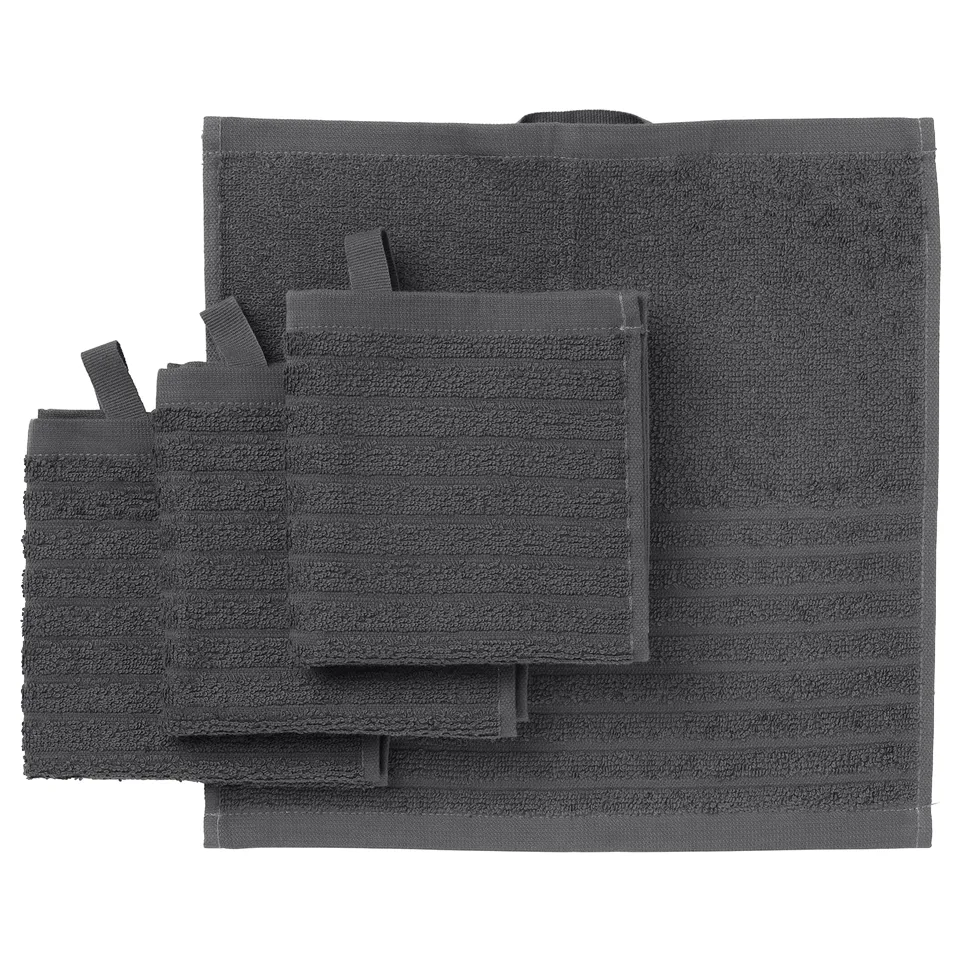 VÅGSJÖN grey towels - medium thickness, cotton, folded stack, striped design.