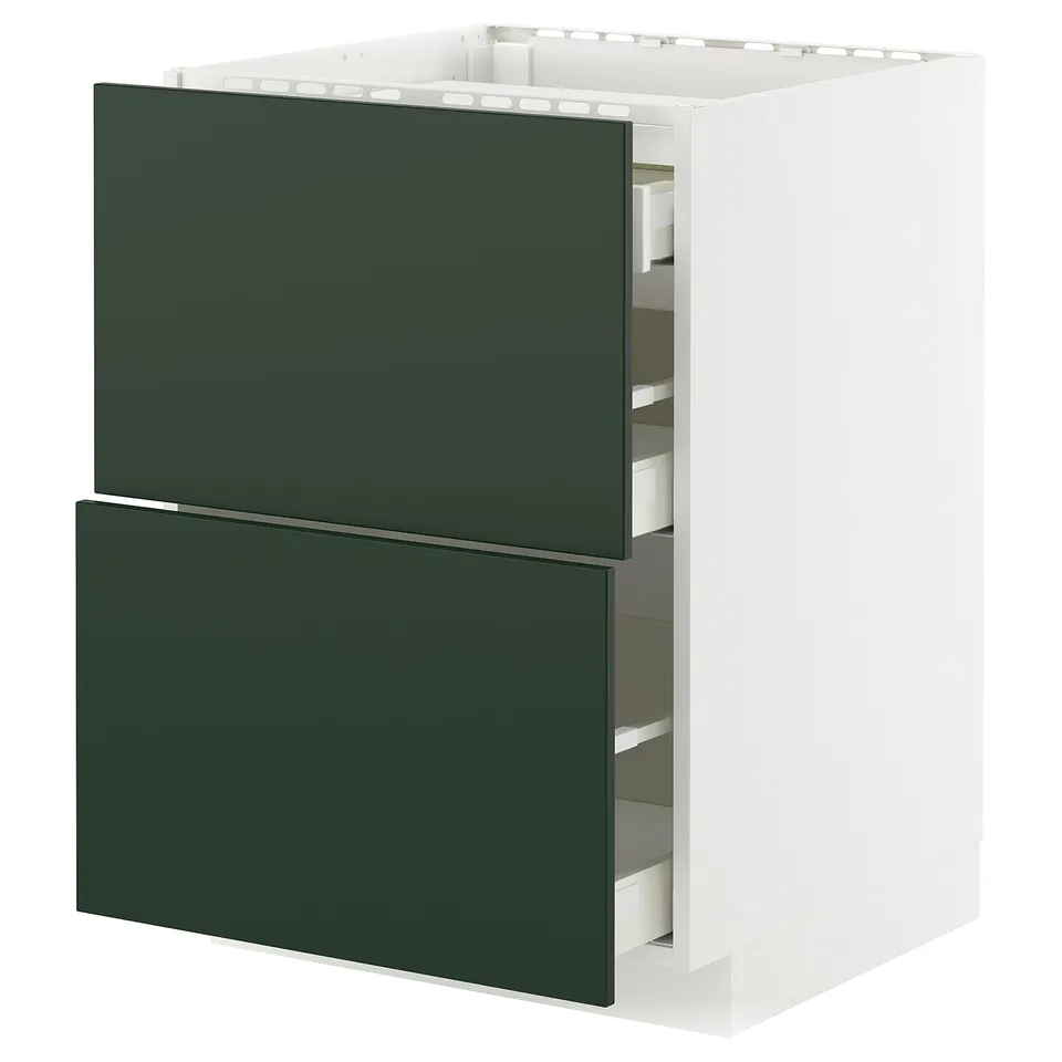 METOD kitchen unit with dark green drawers, white frame, two drawers, rectangular.