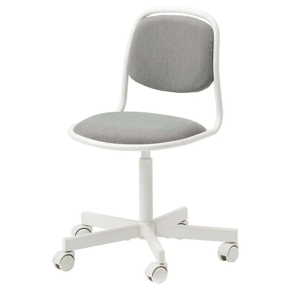 A grey and white orfjall desk chair with a curved back and adjustable height, suitable for kids.