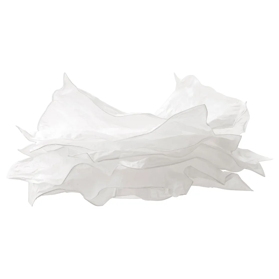 Soft white, crumpled paper lamp shade, diffuses light, hangs from ceiling.