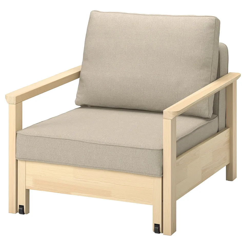 TORNSBORG armchair, light beige, wooden frame, cushioned seat & back, simple modern design.