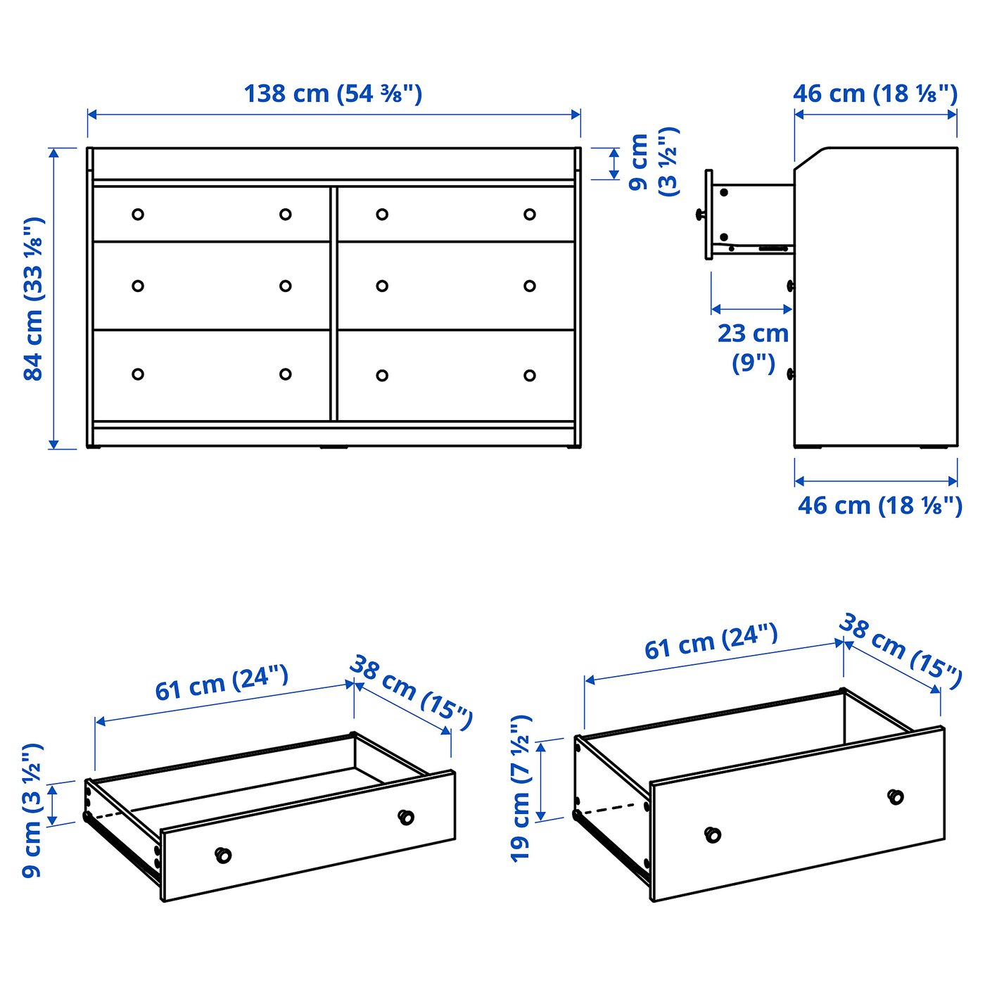 HAUGA Chest of 6 drawers, grey, 138x46x84 cm