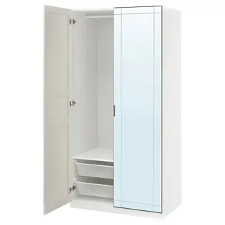 PAX / KAMMARTORP/FLISBERGET wardrobe combination, white mirror glass/grey off-white, 100x60x201 cm