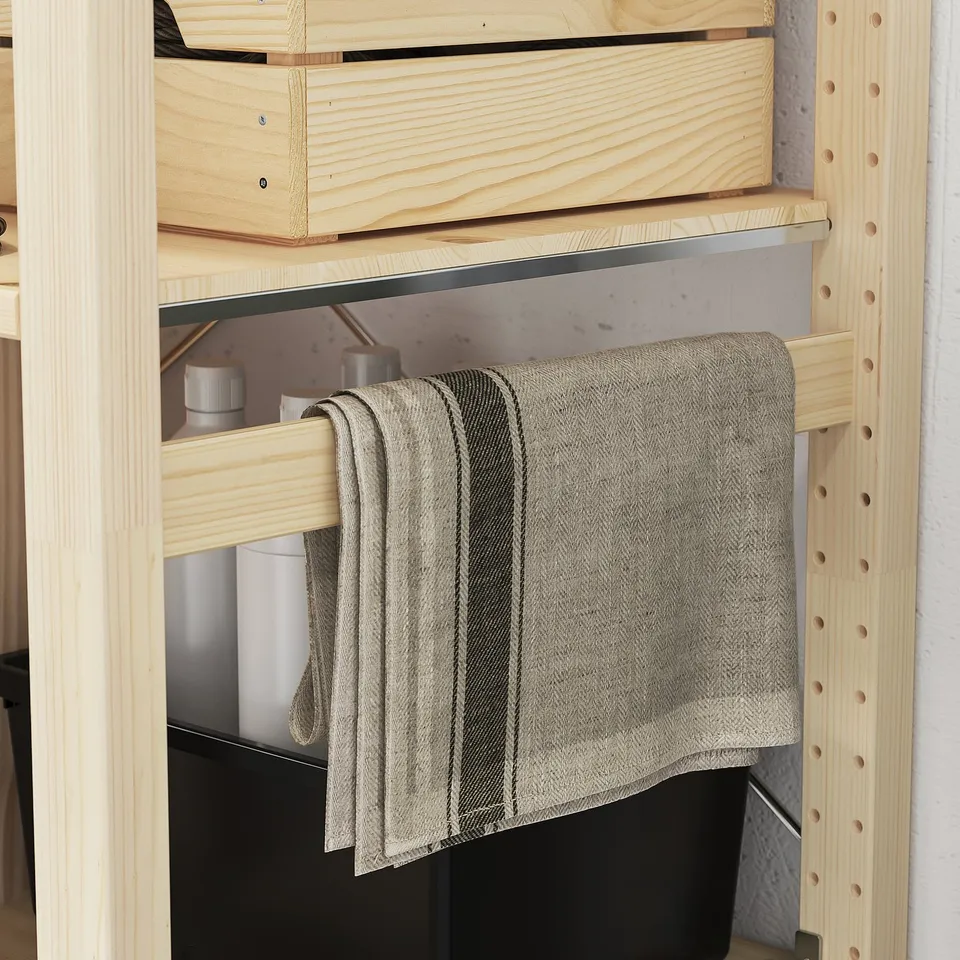 Wooden storage shelves with hanging cloth. Adaptable, durable, and multi-use.
