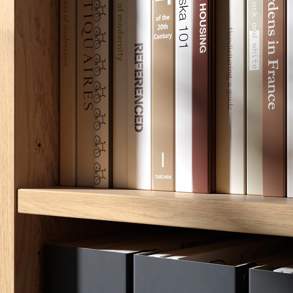 Bookshelf with multiple shelves holding books, showcasing high-quality craftsmanship and elegant design.