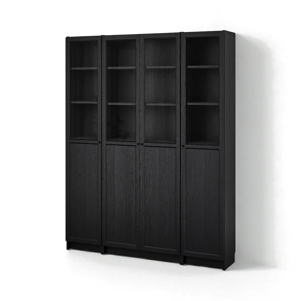 Black wooden bookcase with glass doors: BILLY by IKEA. Modern, sleek design, ideal for storage and display.