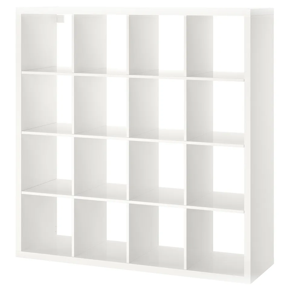 White KALLAX shelving unit with 15 square compartments, particle and fiberboard, smooth finish.
