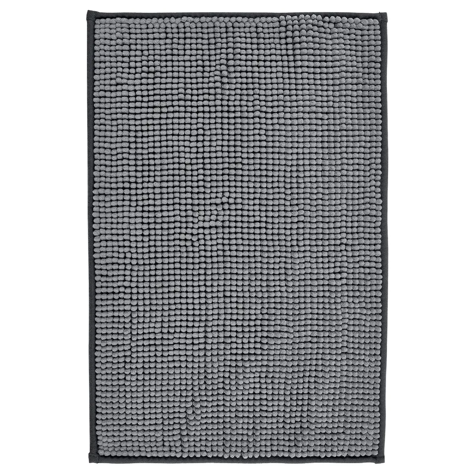 Grey textured fabric bath mat, rectangular, recycled polyester, textured surface, plain design, non-slip backing.