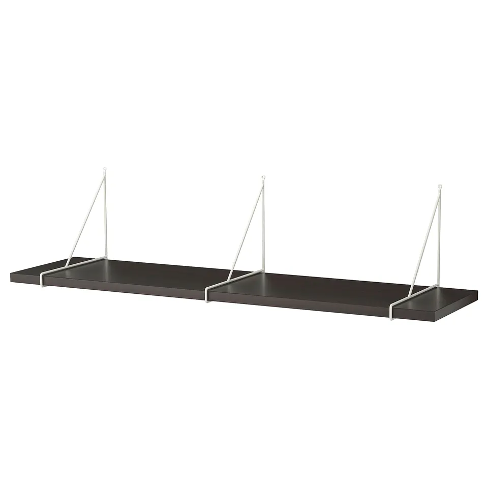 Black wall shelf BERGSHULT with triangular white brackets, sleek design. One smooth and one bevelled edge.