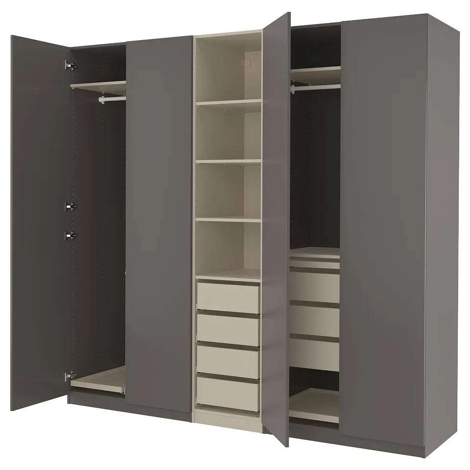Grey PAX wardrobe, open showing shelves and drawers.