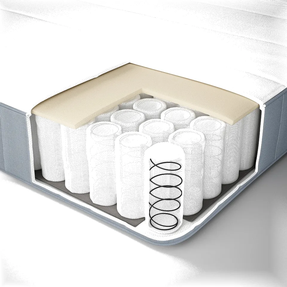 Cross-section of mattress showing recycled polyester top, support springs, foam layer, and wooden base.