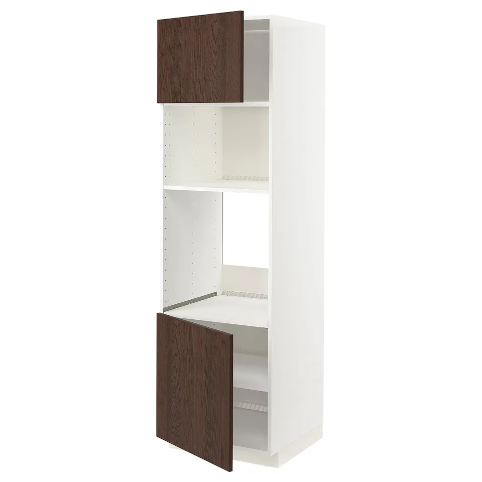 White METOD kitchen cabinet with dark brown doors and adjustable shelves.