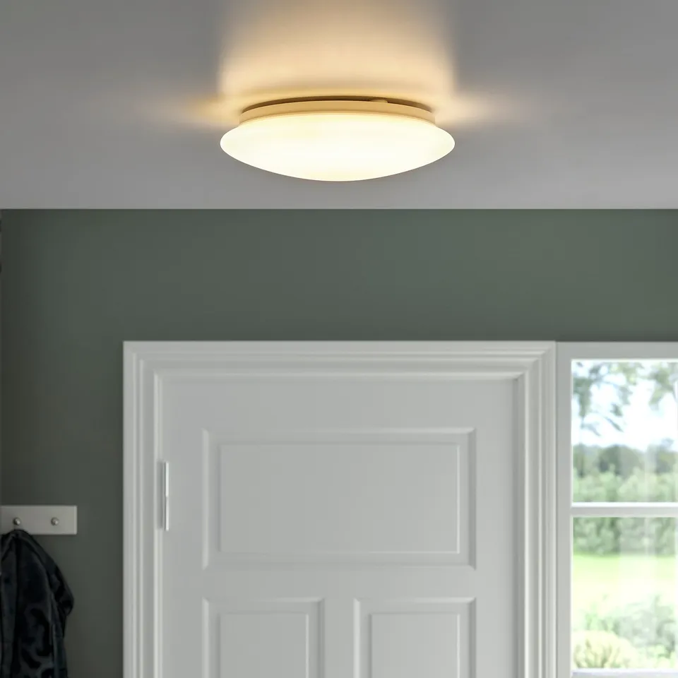 Ceiling light in bathroom above white door, diffused light for even illumination.