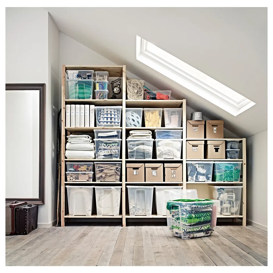 IVAR storage shelves, pine, rectangular, multiple clear and brown bins, stacked neatly, ideal for attic or bedroom.