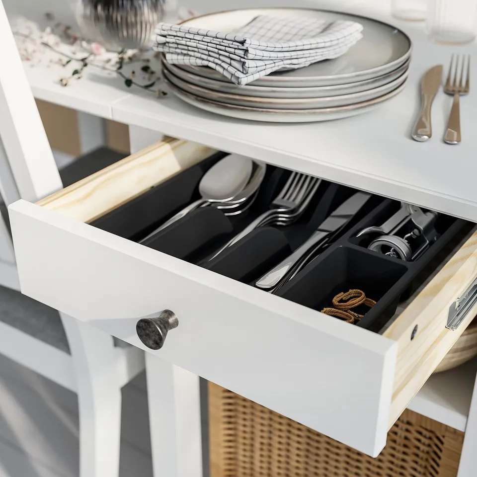 NÄSINGE Gateleg table with storage, white, 48/104/159x85 cm