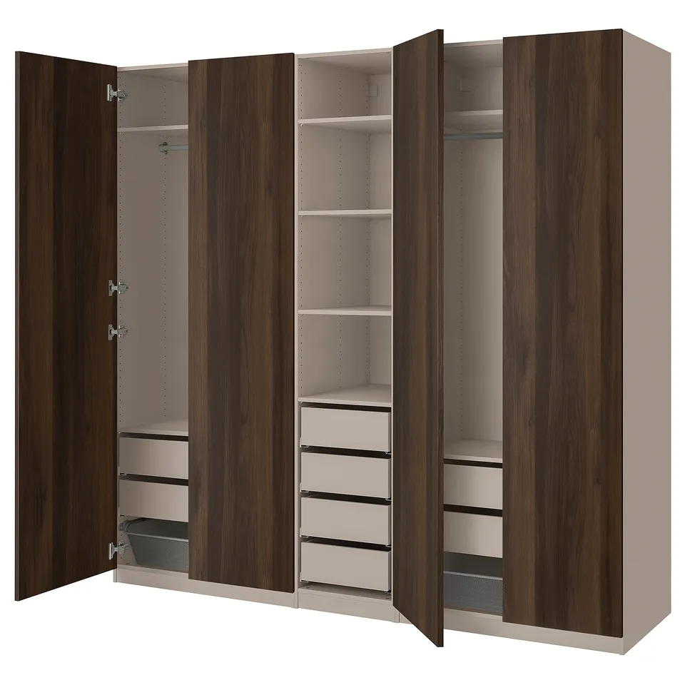 PAX walnut wardrobe, four doors open displaying shelves and drawers.