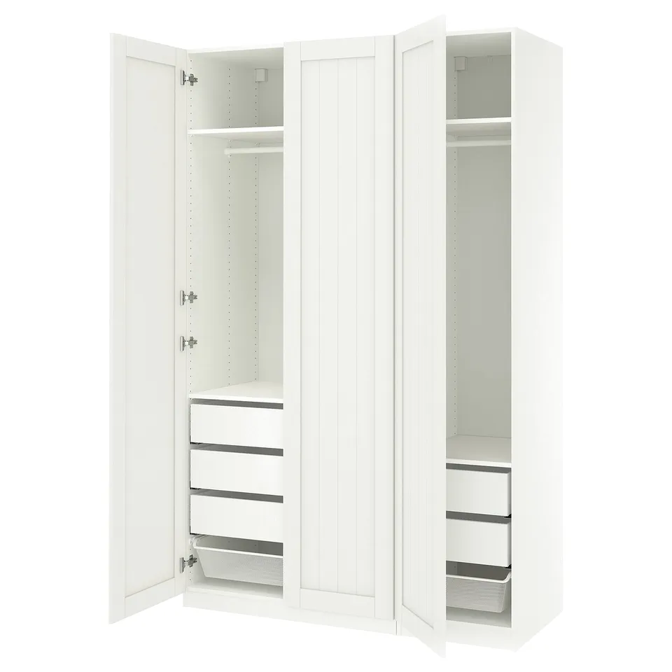 White PAX closet: 3 sections, 2 hanging, shelves, drawers, mesh baskets.