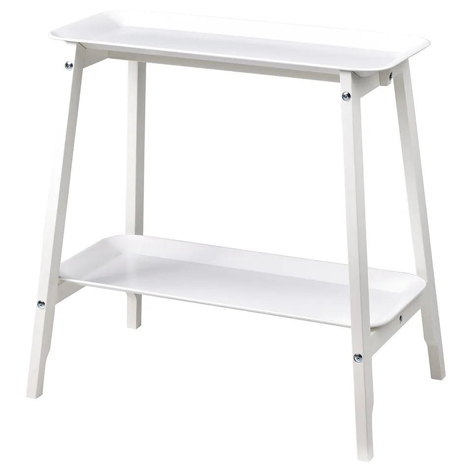 A white ALPVIDE plant stand with a steel removable tray and wooden legs, designed to display potted plants.