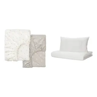LEN/LENAST set: duvet cover 1 pillowcase for cot + fitted sheet for cot, dotted/moon, 110x125/35x55 cm