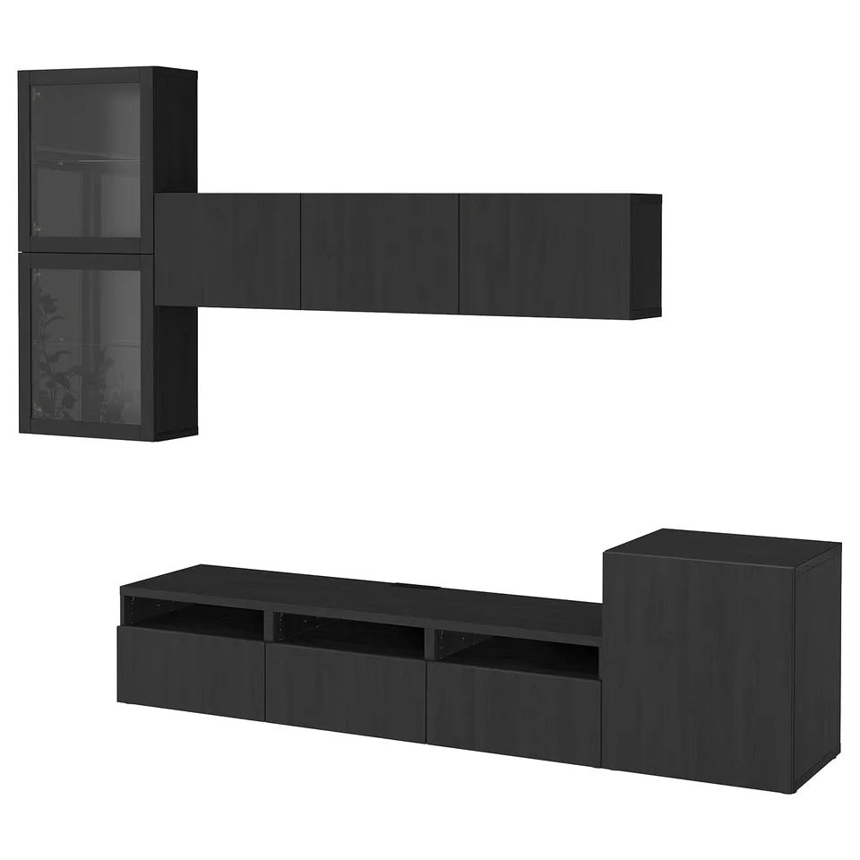 BESTÅ black tv storage with wall mount & bench.