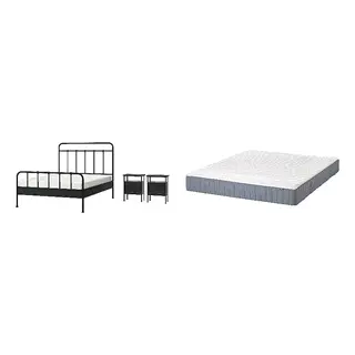 STJÄRNÖ/VALEVÅG Bed with 24cm thick mattress, pocket sprung, foam,5 comfort zones, extra firm, anthracite + extra firm/light blue, 150x200 cm
