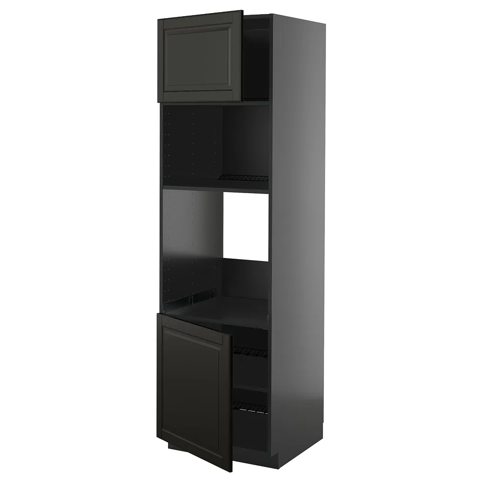Modern black kitchen unit with different compartments, sleek design.