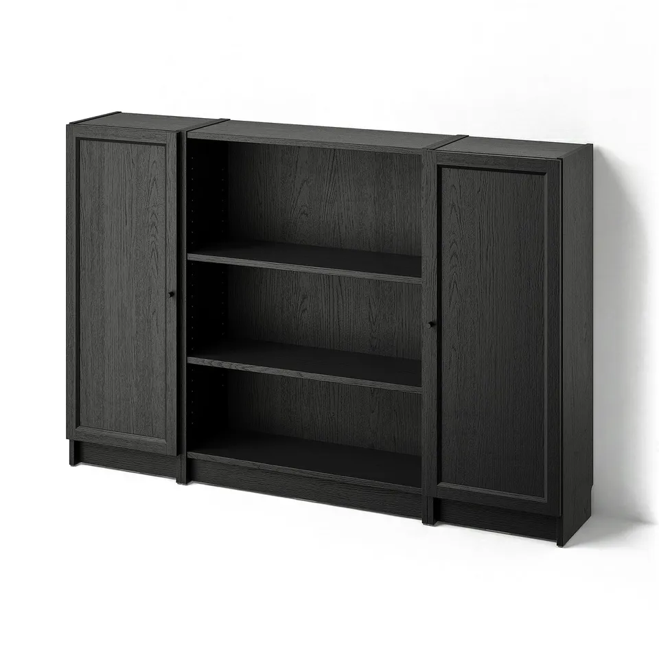 BILLY bookcase - closed & open storage, adjustable shelves, dark finish, tactile wood texture.