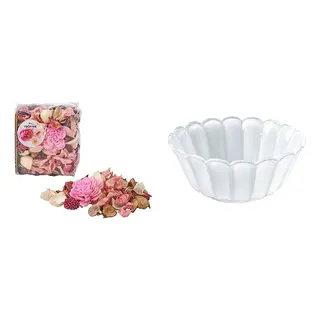 FRÖFINK/SMÅNÄCKROS set: scented potpourri + decorative bowl, pink flowers pink + white, 60 g