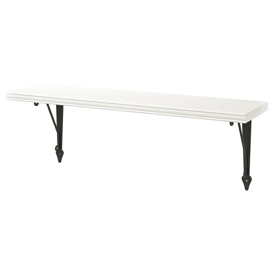 A BERGSHULT white wall shelf with black steel brackets, rectangular shape, and smooth edges.