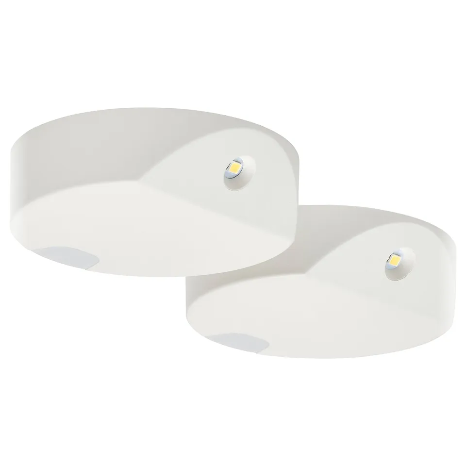 Two circular GÖMPYSSLING motion sensor lights for cabinet/closet, each with led and sticky adhesive.