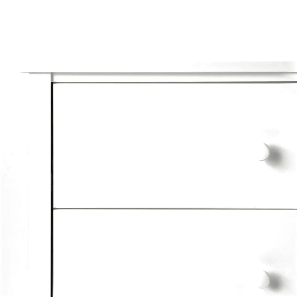 Clean, white chest with three drawers, each adorned with small round knobs. Well-crafted edges and smooth finish.