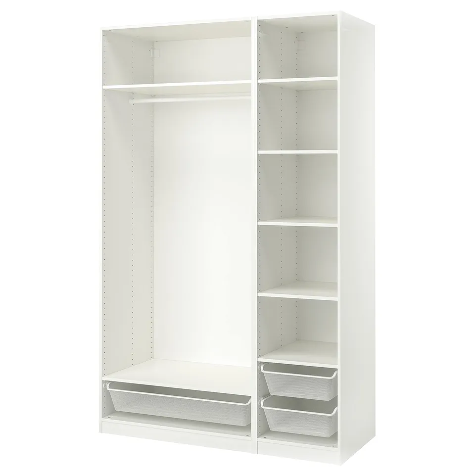 A white ikea PAX wardrobe with empty shelves and mesh baskets at the bottom.