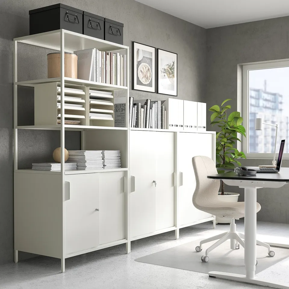 TROTTEN double-sided cabinet with open & closed storage, white metal, tall shelves.