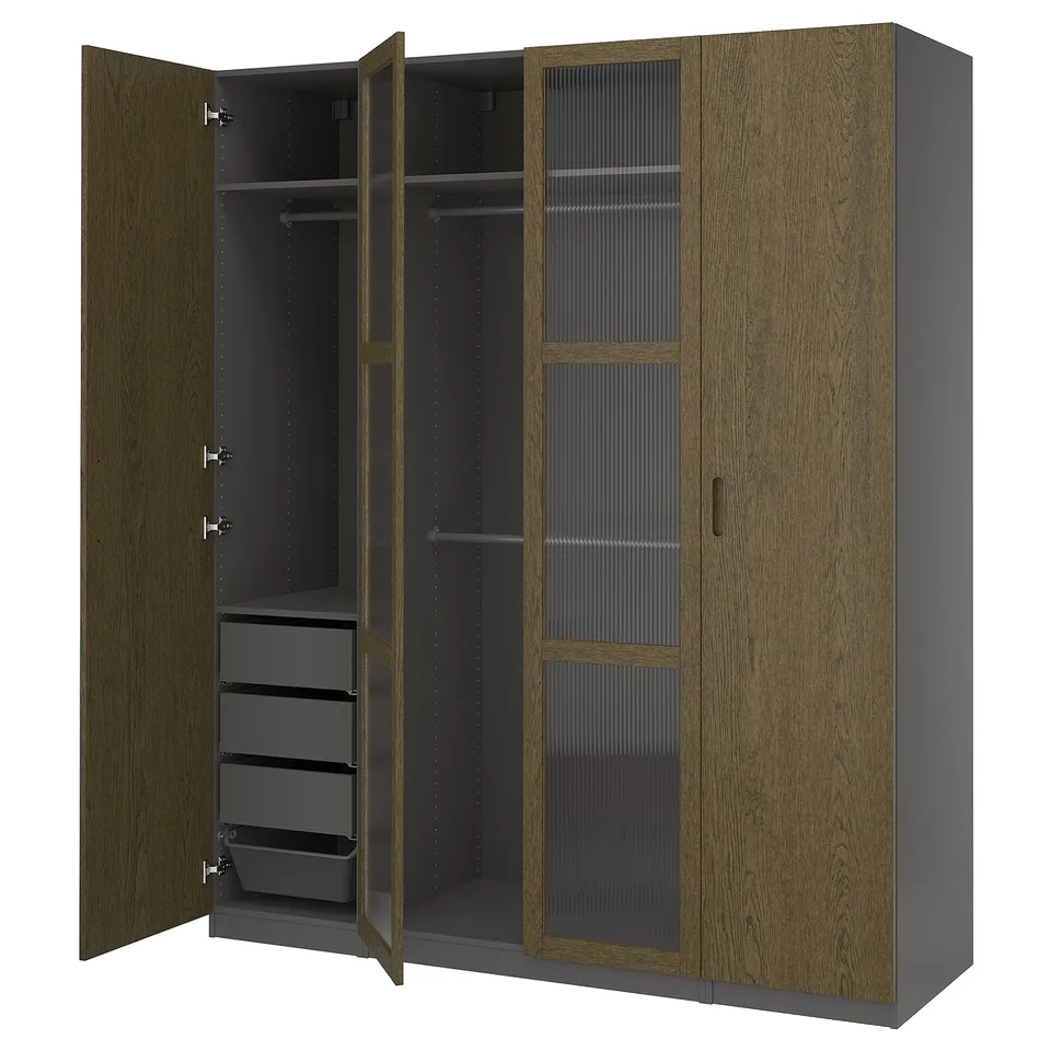 Modern wooden wardrobe with open doors and shelves.