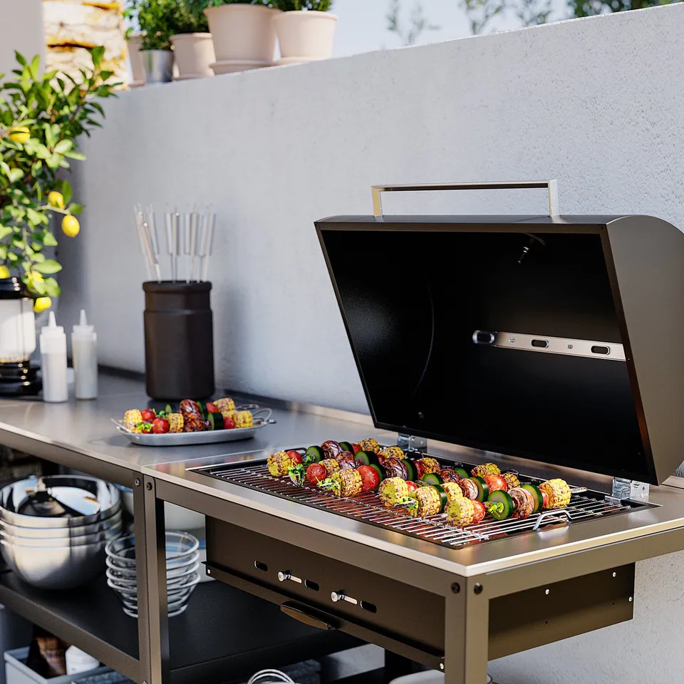 GRILLSKÄR charcoal grill, black, stainless steel, rectangular, with adjustable shelves.
