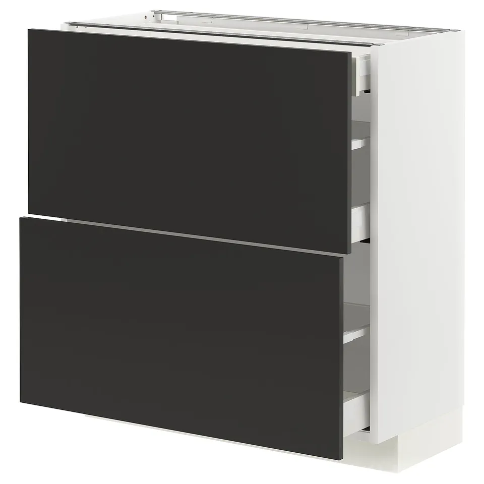 Modern black METOD kitchen cabinet with white frame, square shape, and sleek drawers.