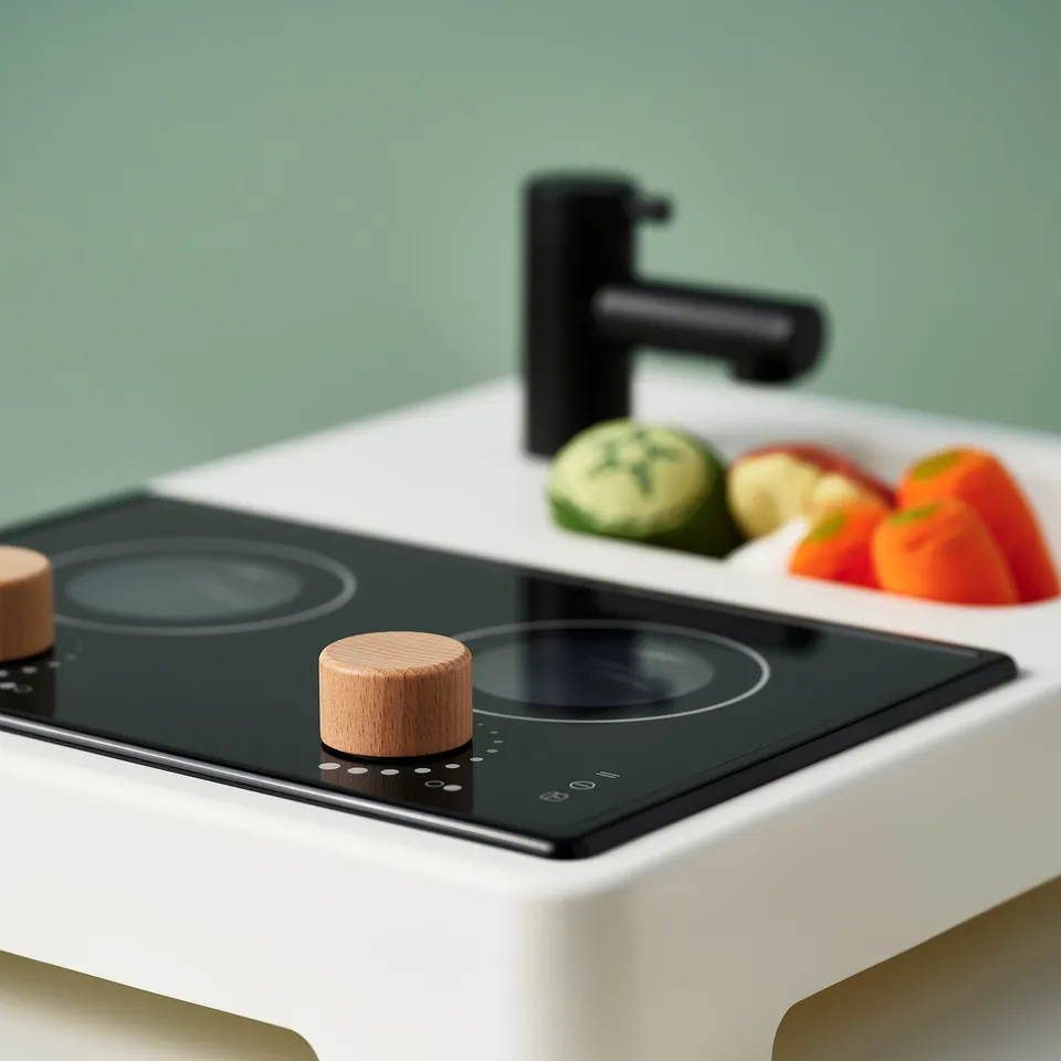 Modern stove with sleek knobs, colourful vegetables in a bowl, and a stylish tap.