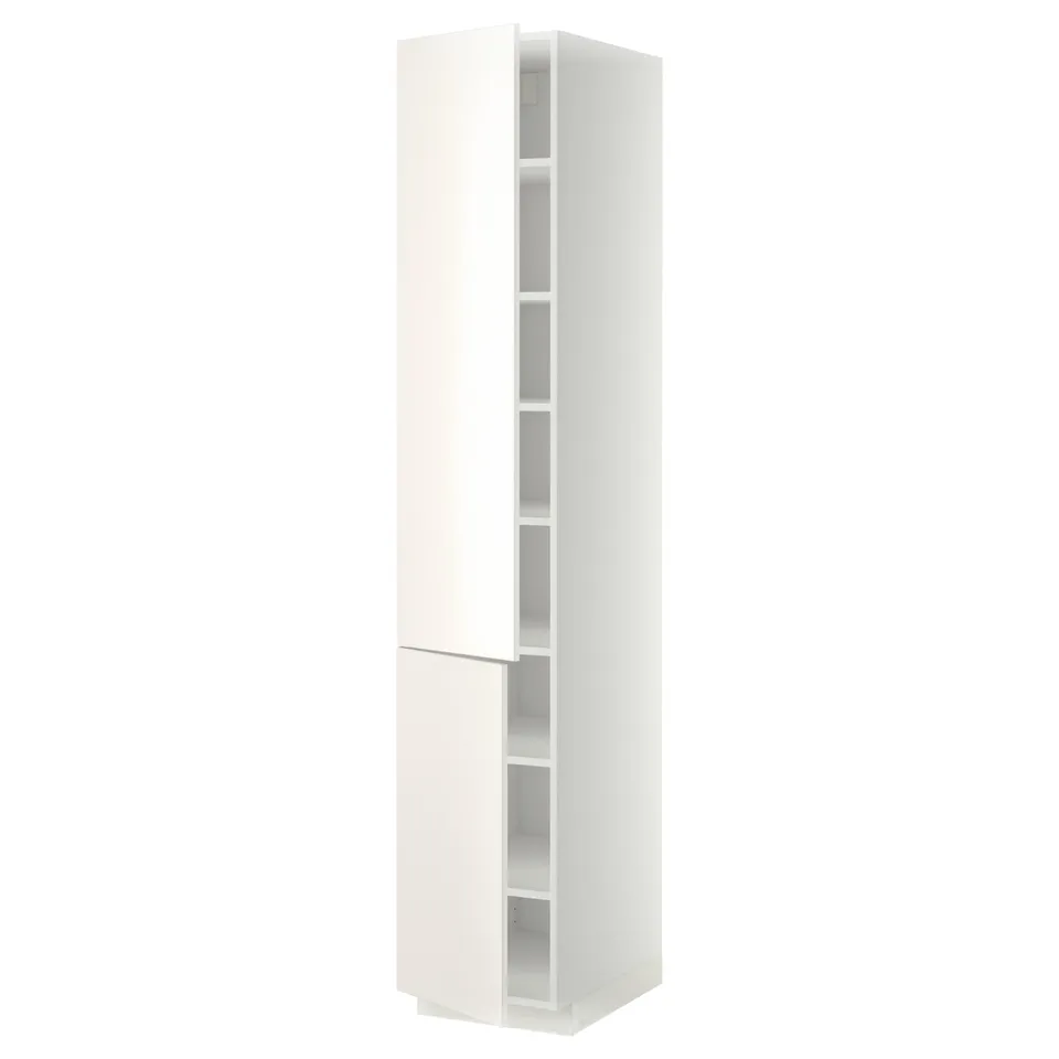 A white METOD kitchen cabinet with a modern design, featuring clean lines and adjustable shelves.