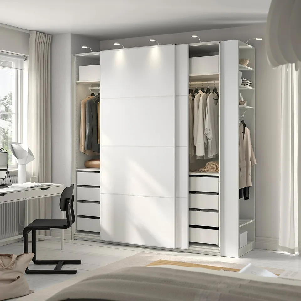 PAX / MEHAMN Wardrobe with sliding doors, white white/double sided white, 220x66x236 cm