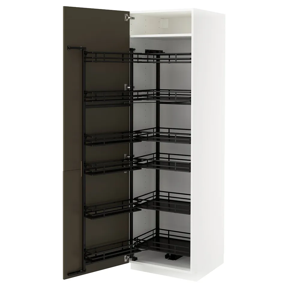White METOD kitchen cabinet with pull-out black wire shelves.