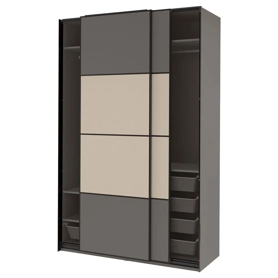 Modern grey wardrobe with beige panels, sliding doors, mesh basket, and adjustable shelves.