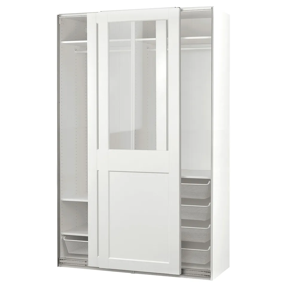 This image displays a white PAX wardrobe with sliding glass doors and mesh drawers. It an organised, minimalist design.