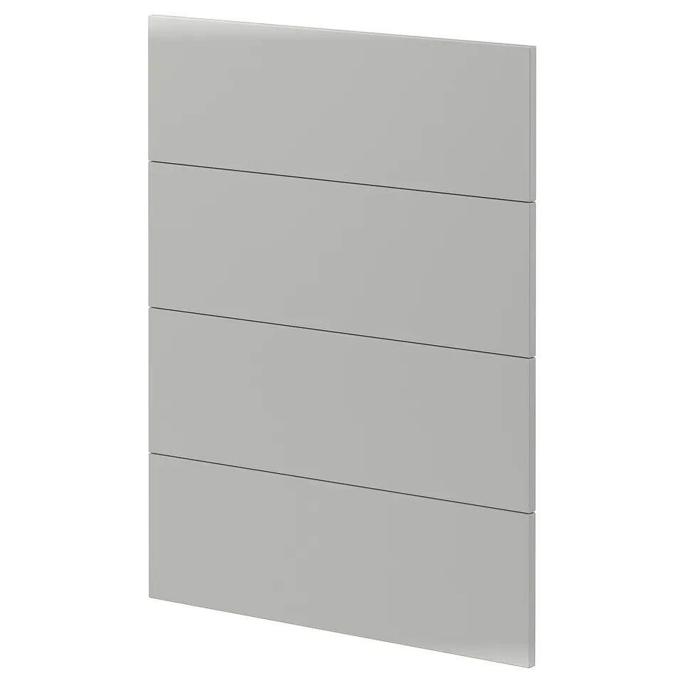 Modern grey kitchen cabinet door, rectangular with smooth finish.