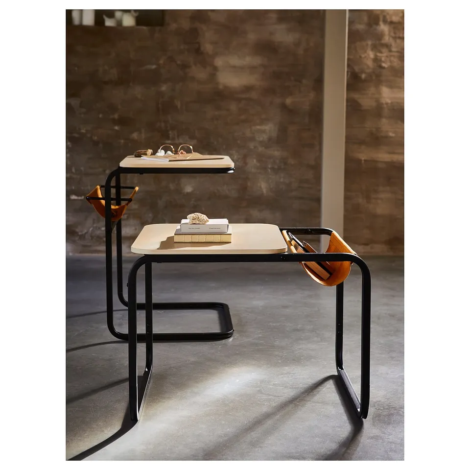 Two OLSERÖD tables, light & dark brown, industrial design, adjustable height.
