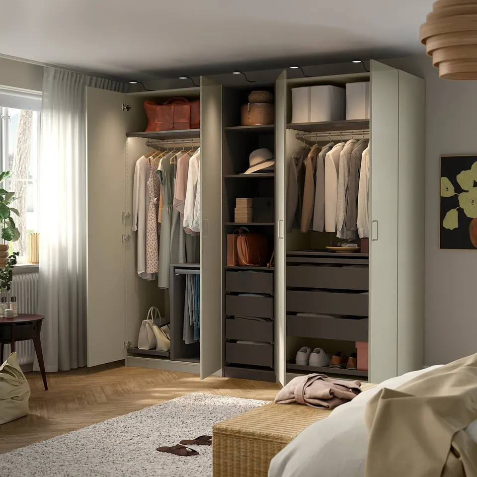 PAX / FORSAND Wardrobe combination, grey-beige/dark grey grey-beige, 250x60x236 cm