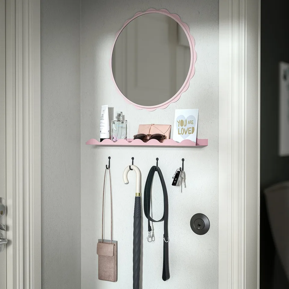 Case with mirror, shelf holding perfume, card, and sunglasses; hooks with umbrella, leash, phone case, and keys.