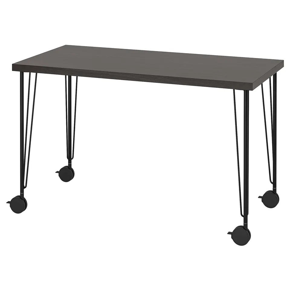 LAGKAPTEN desk, black, rectangular, metal legs with wheels.