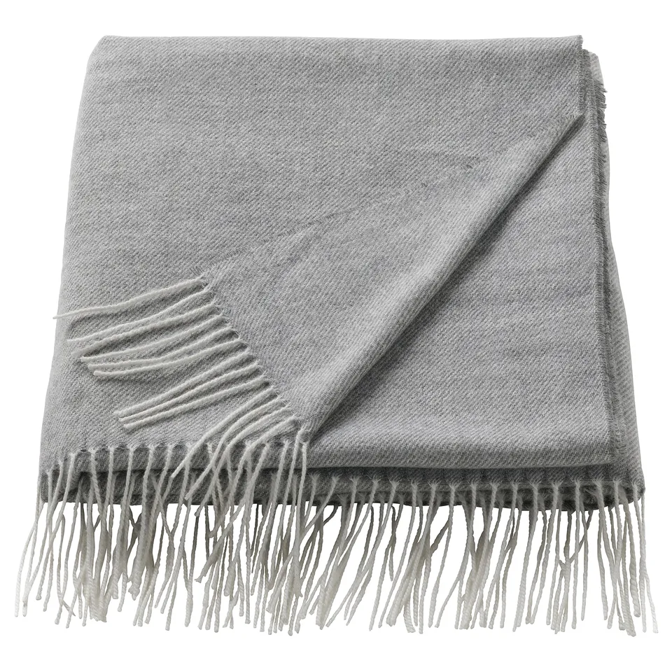 HOLMVI grey throw blanket, fringed ends, soft recycled polyester.