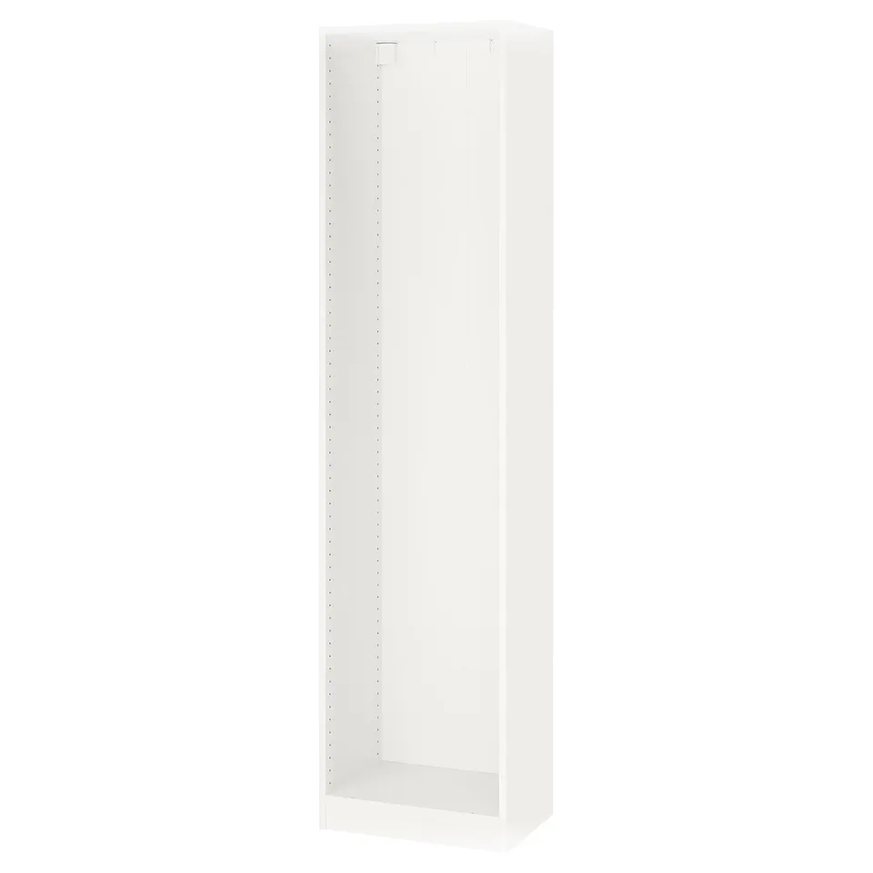 A white PAX wardrobe frame. It is tall and rectangular with a plain design, suitable for organising clothes in limited spaces.